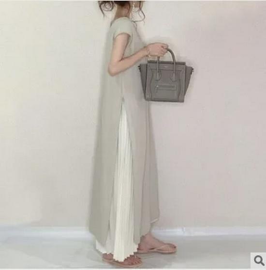 Women's Plus Size Japanese Summer Patchwork Swing Dress - Solid Color, Loose Fit, Short Sleeve