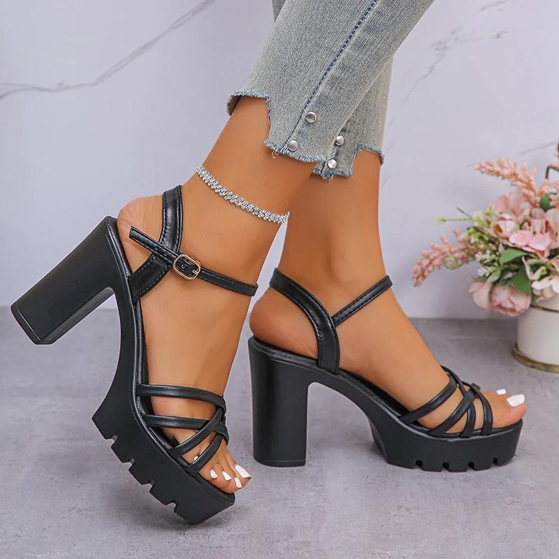 Fashion Women's Ankle Buckle High-Heeled Sandals New Style Cross Strap Platform Sandal Female 2025 Outdoor Thick Heel Sandalias Mujer