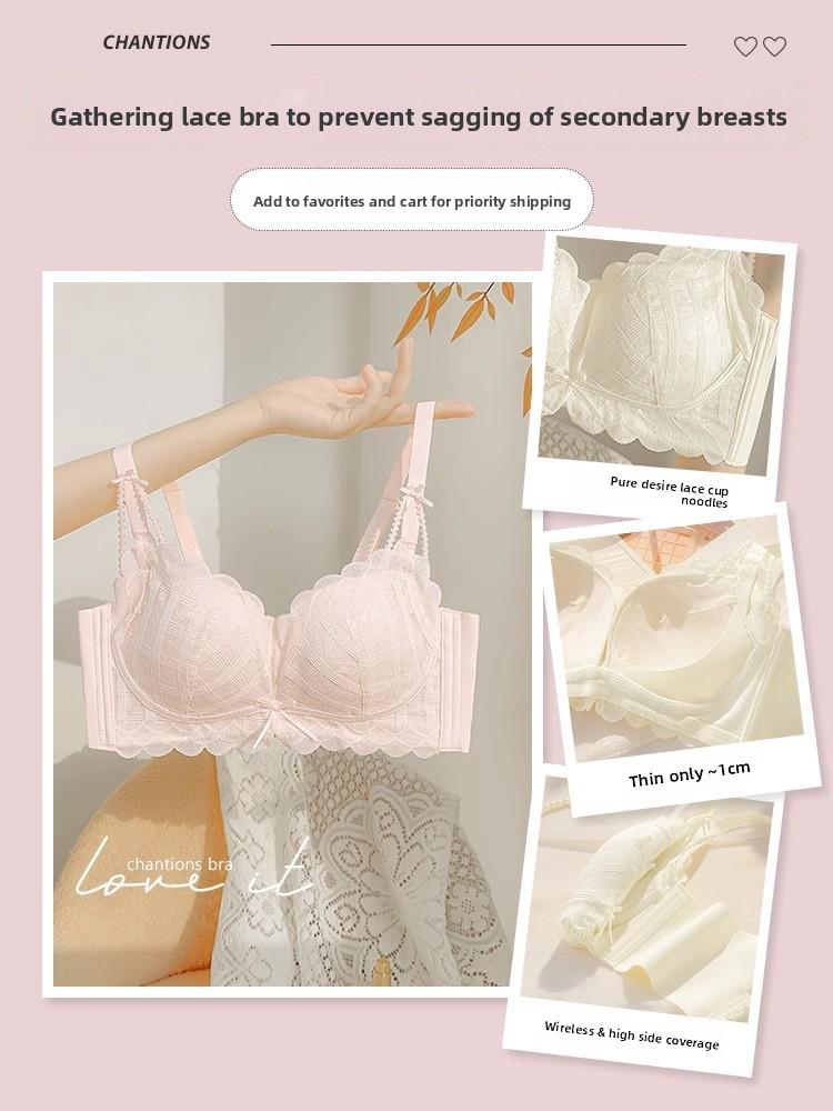 Coquette Lace Petal Soft Support Wireless Bra, Push Up Anti-Sag Side Gathering Small Bust Women Bra