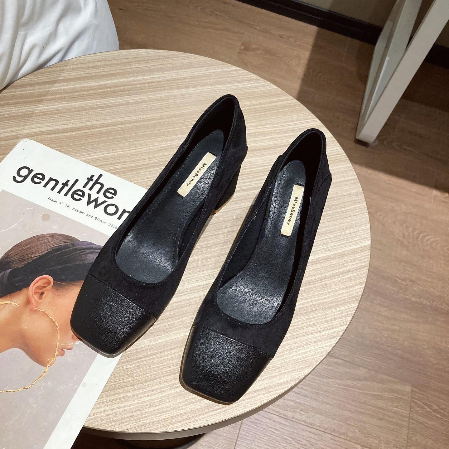 

2025 Туфли женские на высоком каблуке из замши с квадратным носком и строчкой - весна, корейский стиль 611-2 34