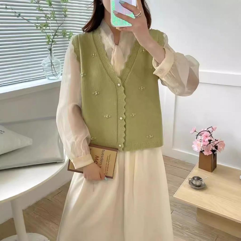 Autumn Sweater Vest Women Beaded Preppy Style Thin Sleeveless Knit Cardigan Waistcoat