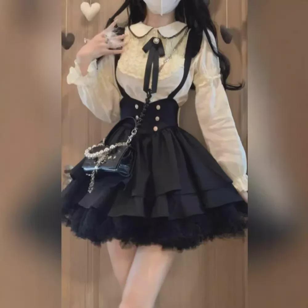 Zestaw spódnicy na szelkach w stylu college plus size i koszuli z kołnierzykiem Piotrusia Pana dla kobiet - Kolekcja Jesień/Zima