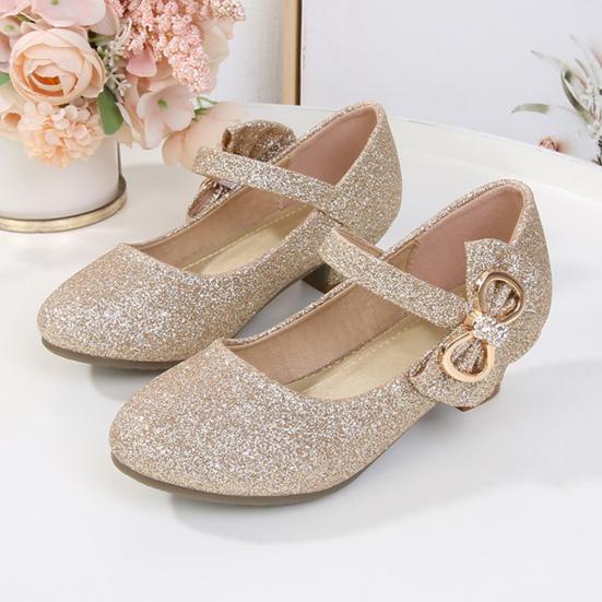 Girls Princess Flats Low Heel Dress Shoes Mary Glitter Wedding Party Sparkling Bow