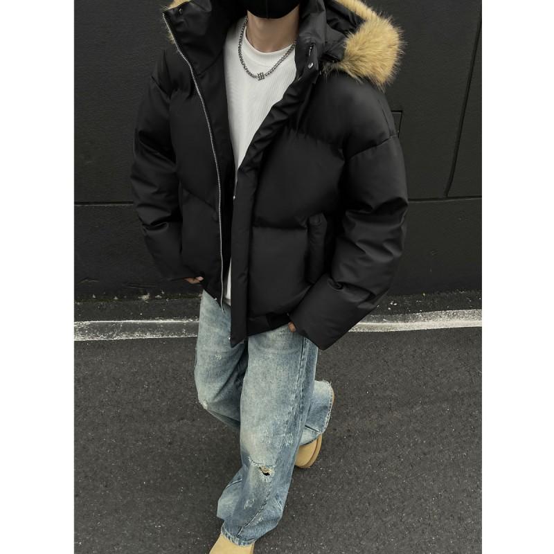 Winter Hooded Puffer Jacket With Detachable Faux Fur Collar Short PU Leather Coat Men Women Couples