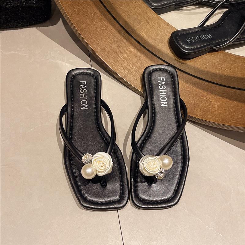 

Летние новые большого размера с закрытым носком на плоской подошве модные и удобные с квадратным носком жемчужные повседневные шлепанцы 35 чёрный