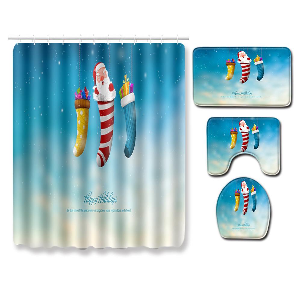 Christmas Elements Bathroom Shower Curtain Floor Mat Toilet Cover Foot Mat Four-Piece Pattern Size