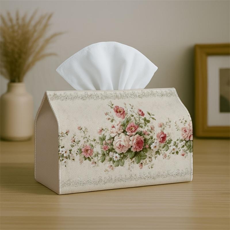 1pc Vintage Romantic Floral Tissue Box Cover, Rose Border Cream High-Quality, Waterproof, Durable, Lightweight, Foldable Storage, Ideal for Living Roo