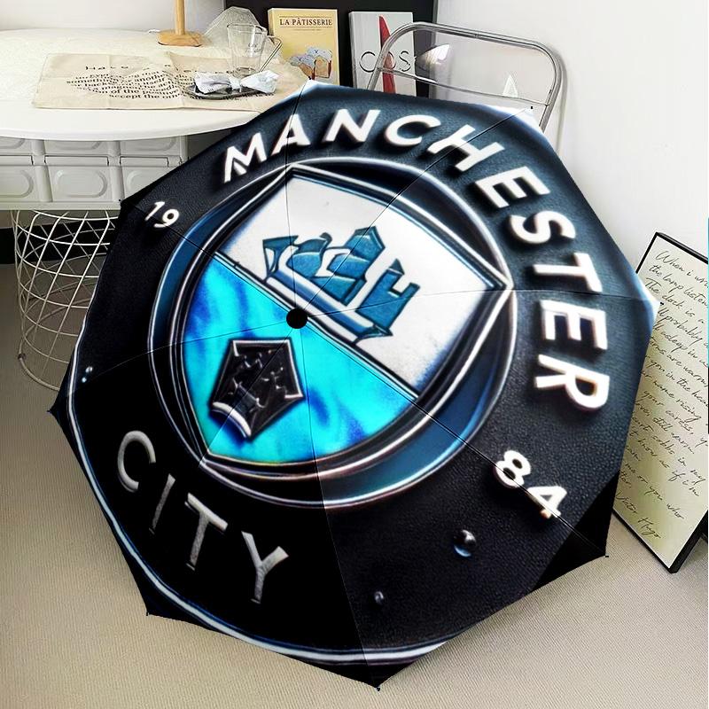 1 Pezzo Ombrello Pieghevole Stampato Manchester City F.C, Ombrello Automatico a 8 Stecche per Viaggio, Campeggio, Regali per Fan, Regali di Natale