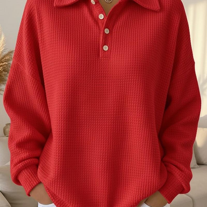 Women's Polo Collar Waffle Knit Long Sleeve Top Loose Fit Casual Pullover
