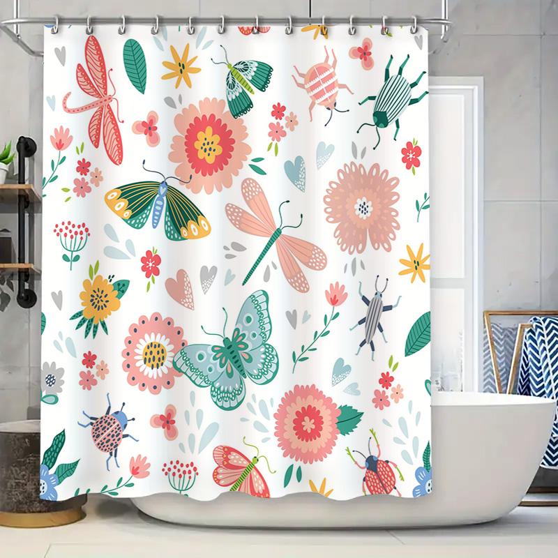 

Красочная садовая шторка для душа Декор для ванной комнаты с бабочками и насекомыми Водонепроницаемая ткань Крючки в комплекте (белый) 90x180cm