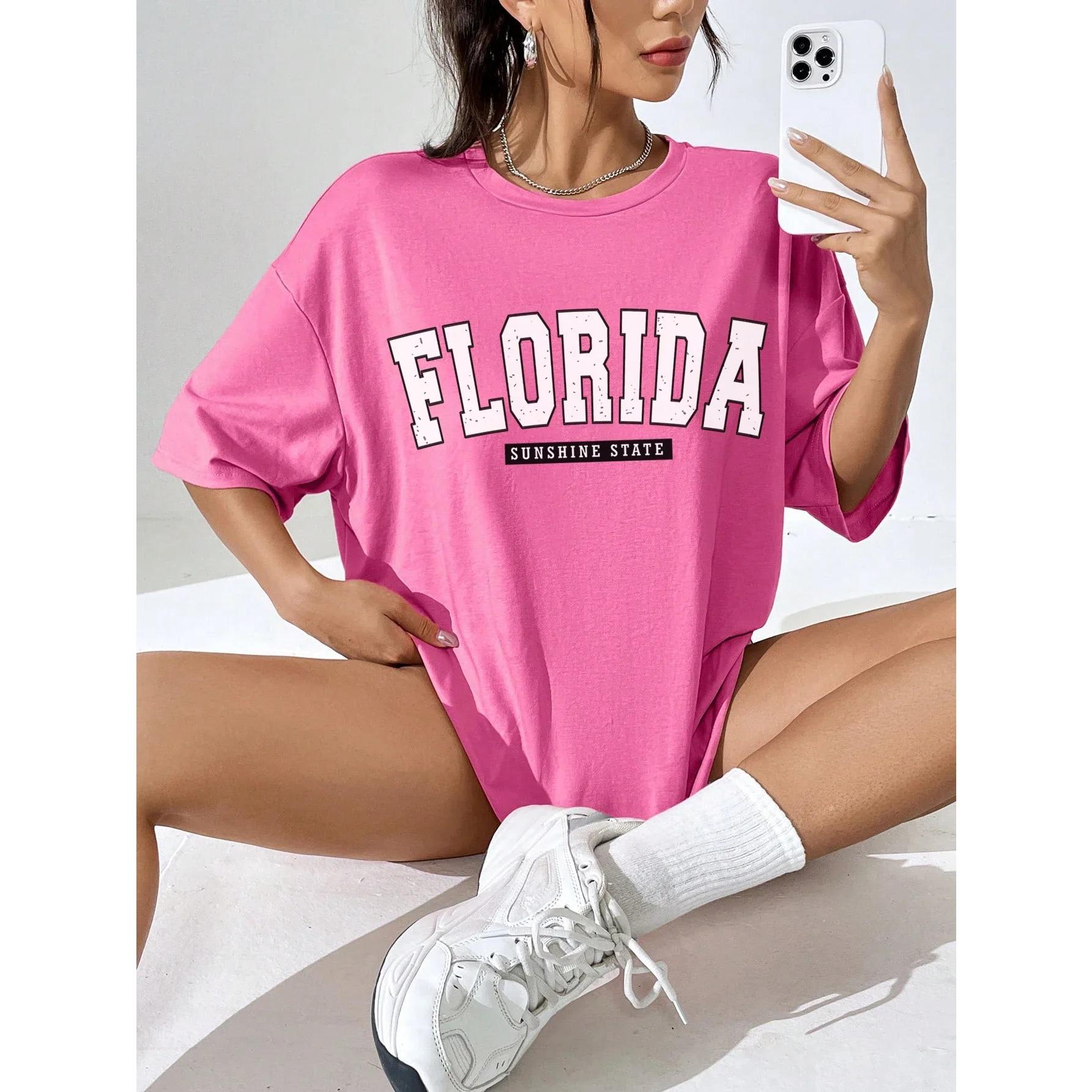 

Футболки с классическим буквенным узором Florida Sunshine State USA City для женщин, свободная одежда больших размеров, 100% хлопок, уличная футболка 3XL