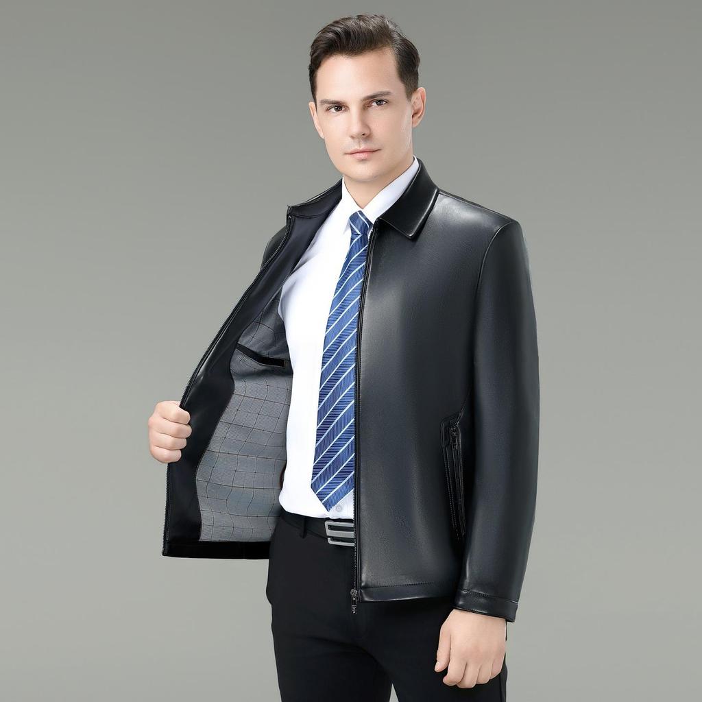 Men's Versatile Sheepskin Leather Jacket: 2025 Spring/Autumn, Middle-Aged Dad Lapel Motorcycle Style