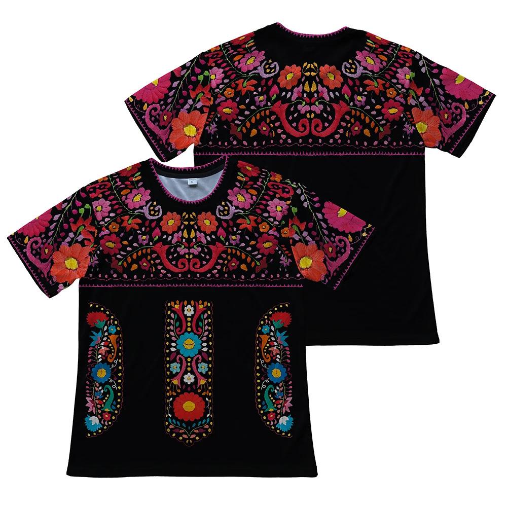Women's Ethnic Floral Embroidered Style Short Sleeve T-shirts Summer Round Neck 3D Print Tops Fashionable Casual Tops