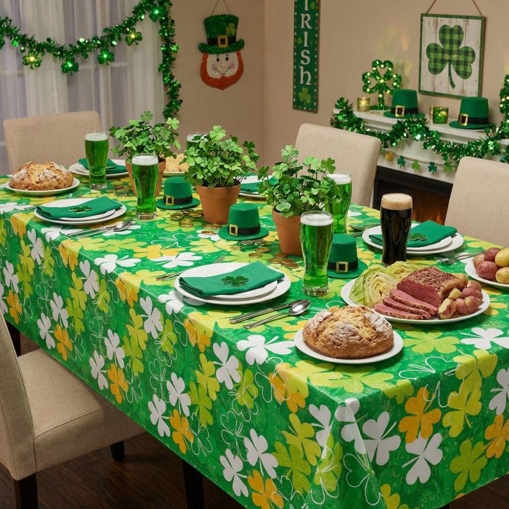 137x274cm St. Patrick's Day Tablecloth Shamrock Lucky Table Mat Plastics Rectangle Shape Long Dining Table Decor