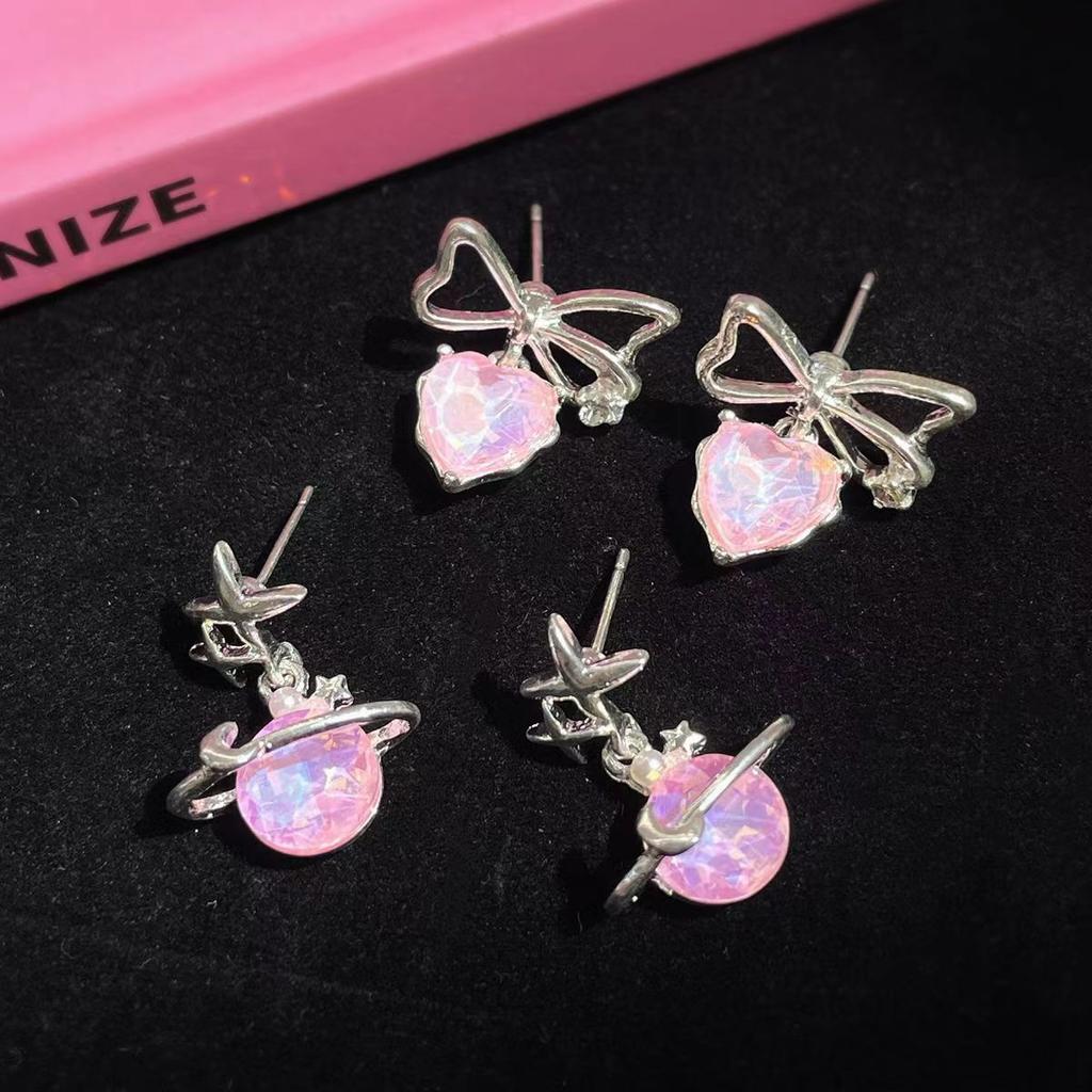 Sweet and Cool Temperament Pink Bow Stud Earrings Ins Tide Aurora Pink Planet Earrings Sweet Earrings