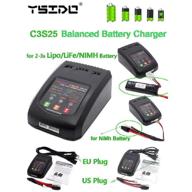 C3S25 25W/3A Mini Charging Balance Charger EU/US Plug for RC 7.4V-11.1V 2-3s Lipo NiMh Battery Remote Control toy Car Charger