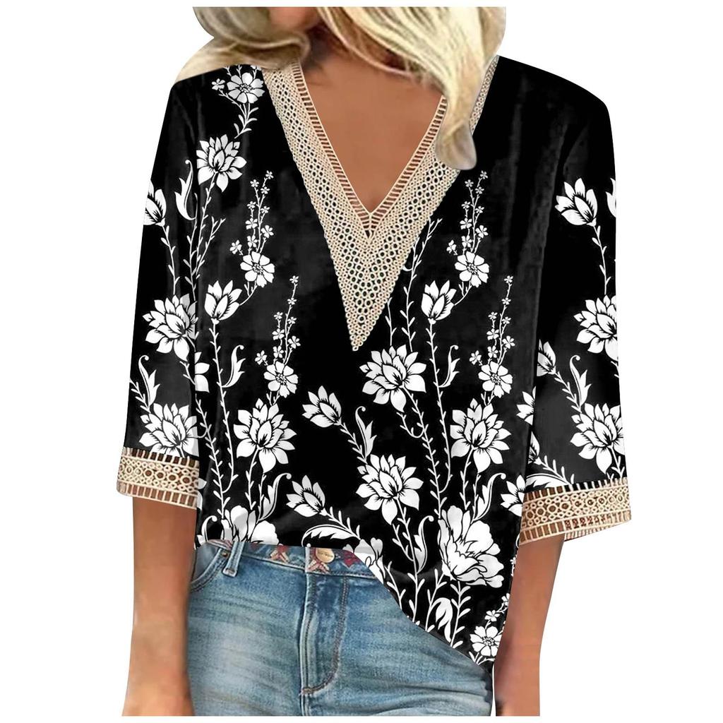 Women's Shirt Blouse Casual Loose Shirts 3/4 Sleeve Lace Trims Print V Neck Tops Print Tops T-shirts Tee