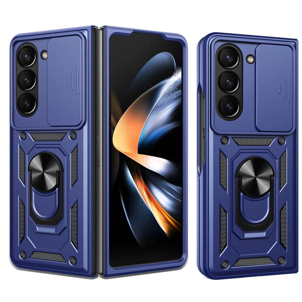

Heavy Armor Slide Camera Lens Protector Phone Case for Samsung Galaxy Z Fold 7 6 5 4 Fold7 Metal Ring Car Holder Hard Cell Cover Galaxy Z Fold7 синий
