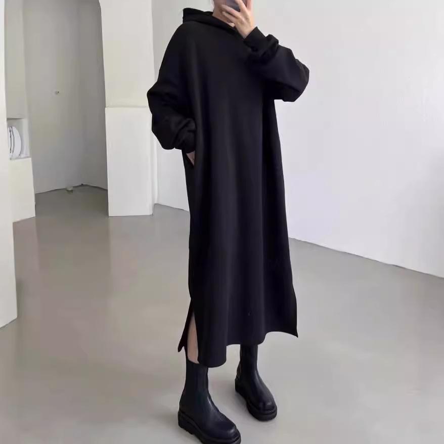 Chic Korean Hooded Sweatshirt Dress - Solid Color, Simple, Loose Fit, Long, Casual for Women (Spring/Autumn/Winter 2025)