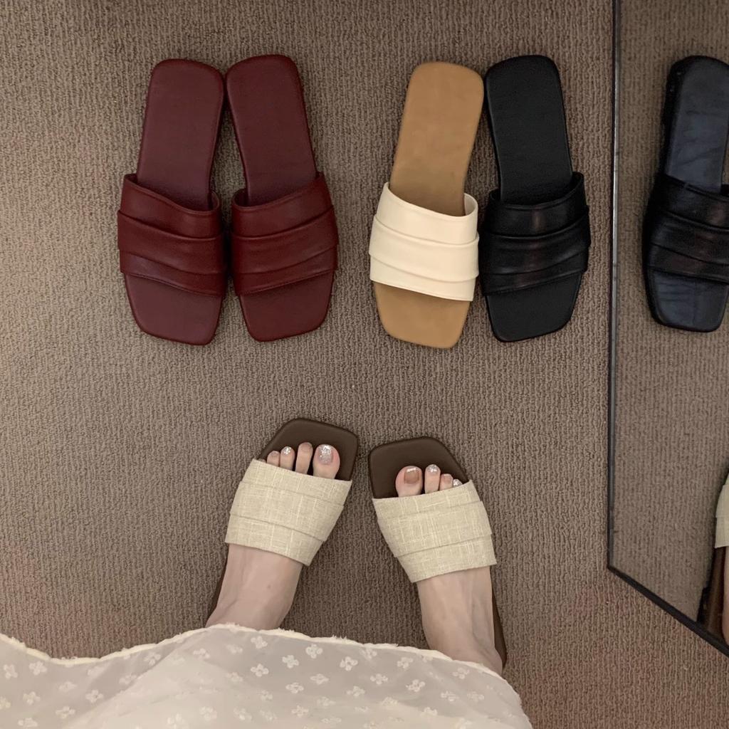 French evening red one-word slippers women's shoes wear 2025 summer vacation beach with skirt sandals