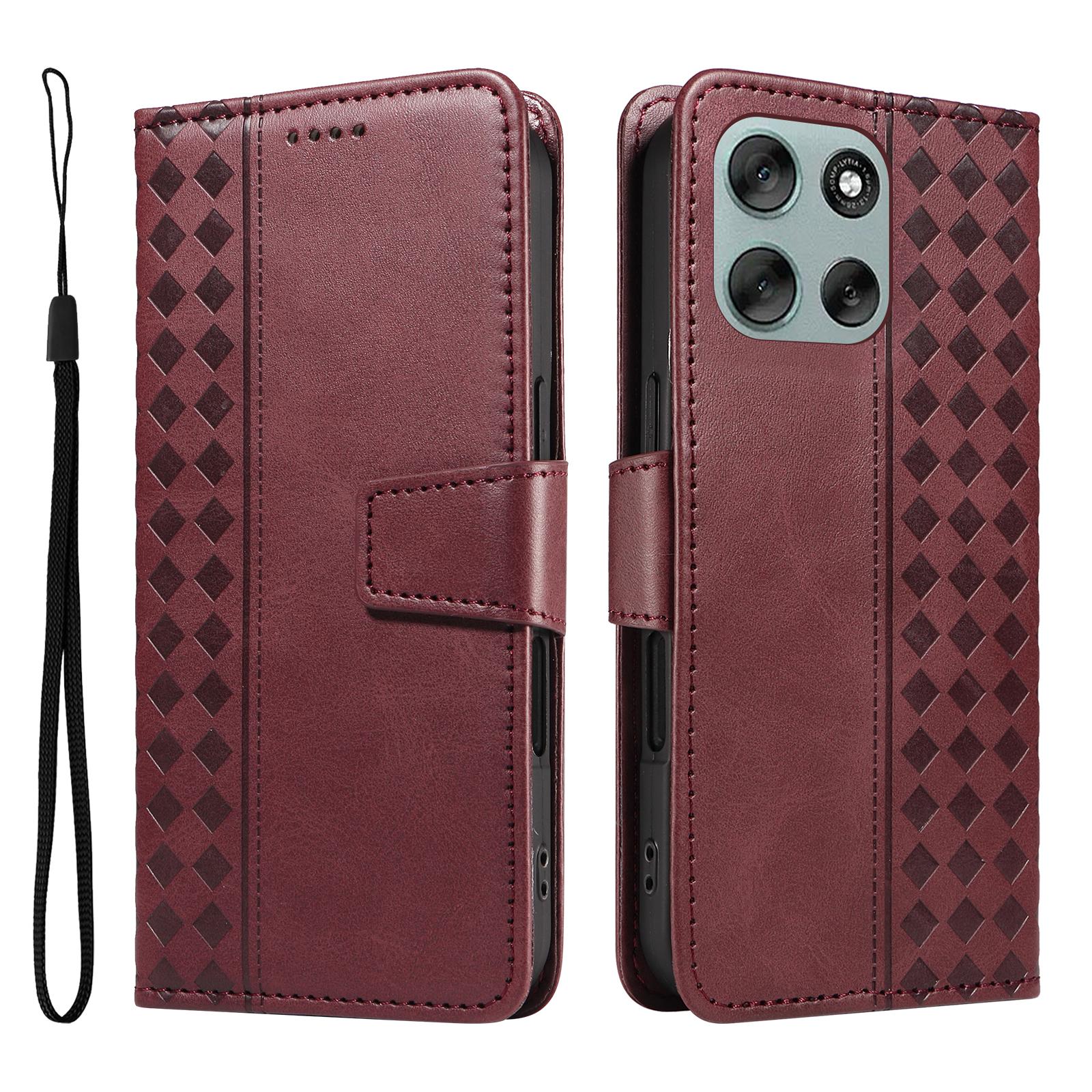 

For Motorola Moto G56 5G Leather Case Wallet Stand Grids Imprinted Phone Cover with Strap Wine Red