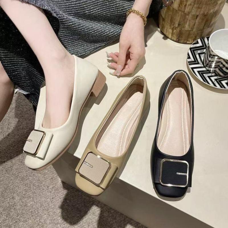 Shallow single shoes women's spring and summer new one-pedal soft-soled four-season women's shoes round head gold square buckle Doudou shoes women