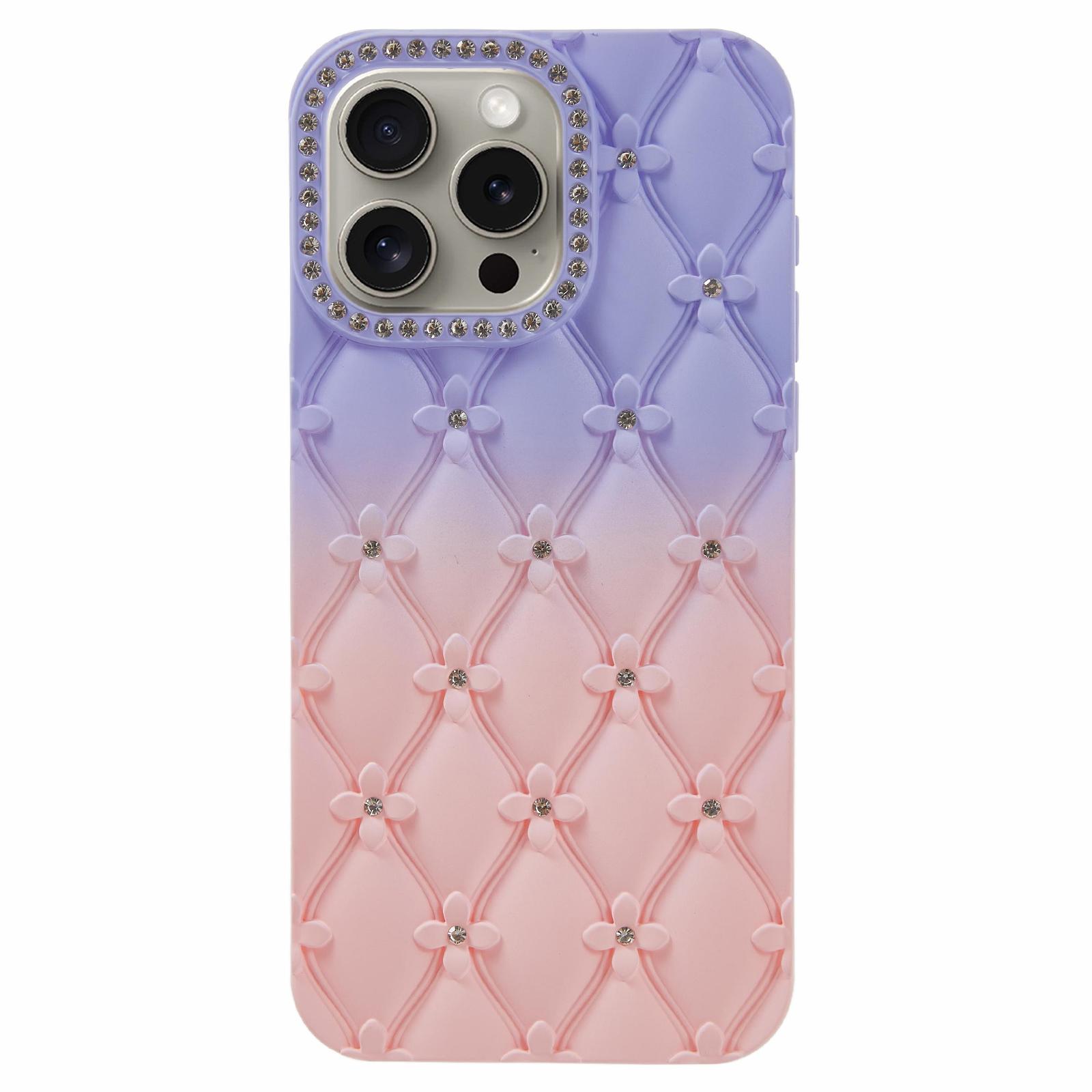 

For iPhone 15 Pro Case Rhinestone Decor Rubberized TPU Phone Cover Lilac+Pink