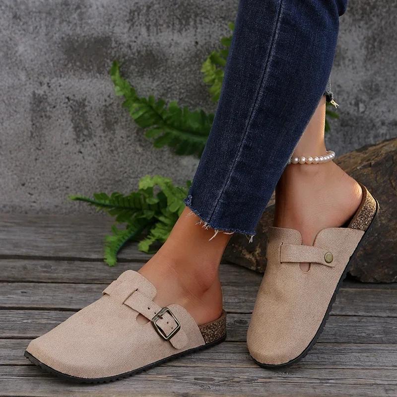 Fashion Summer Cork Footbed Clogs Flat Shoes for Women Fashion Faux Leather Buckle Potato Shoes Ladies Indoor Outdoor Slippers Mujer
