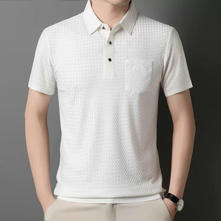 Men Short Sleeve Polo Shirt Solid Color Textured Grid Pattern Slim Fit Business Casual Summer Top