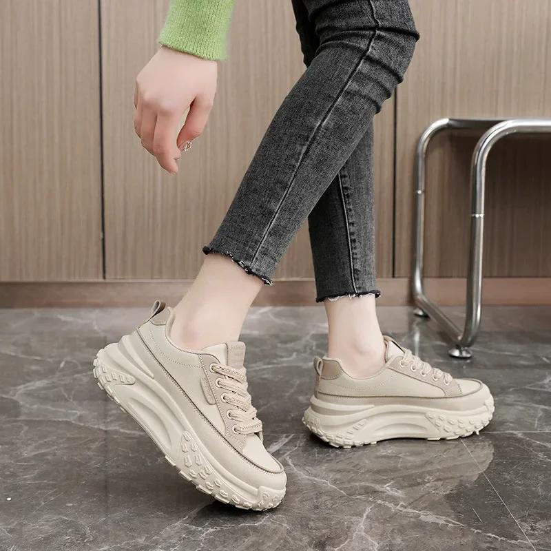 Fashion New 2025 Spring Color blocked Dad Shoes Thick soled High Rise Leather Sports Shoes Women's Shoes