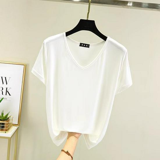 Women's Plus Size V-Neck Modal T-Shirt - Short Sleeve, Loose Fit, Thin Layer, Korean Style