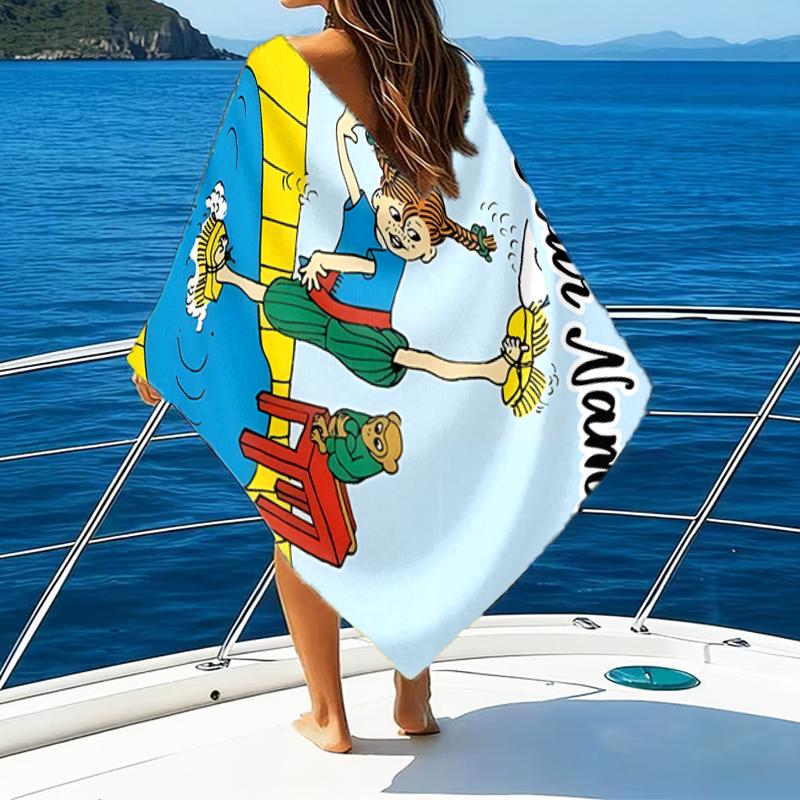 1pc Pippi Longstocking1 Beach Towel with Custom Name, Beach/Swimming/Bath/Picnic/Camping Towel, Suitable for Seaside Beaches