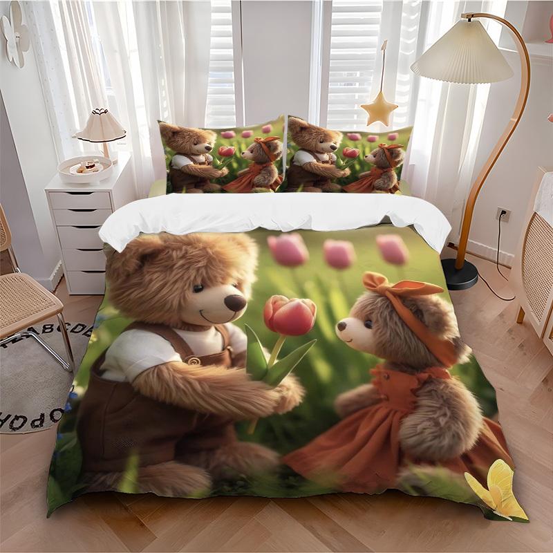 3pcs Teddy Bear Bedding Set - Includes One Quilt Cover and Two Pillowcases (No Core) - Anime Cartoon Design, Perfect for Bedroom and Guest R