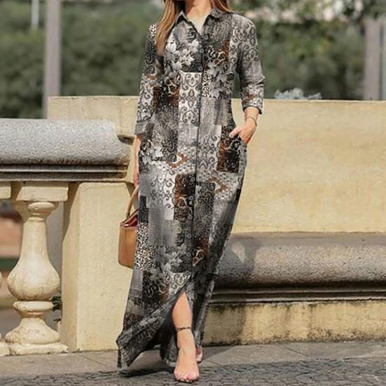 Maxikleid Umlegekragen Langarm Taschen Vintage Blumendruck Einreiher