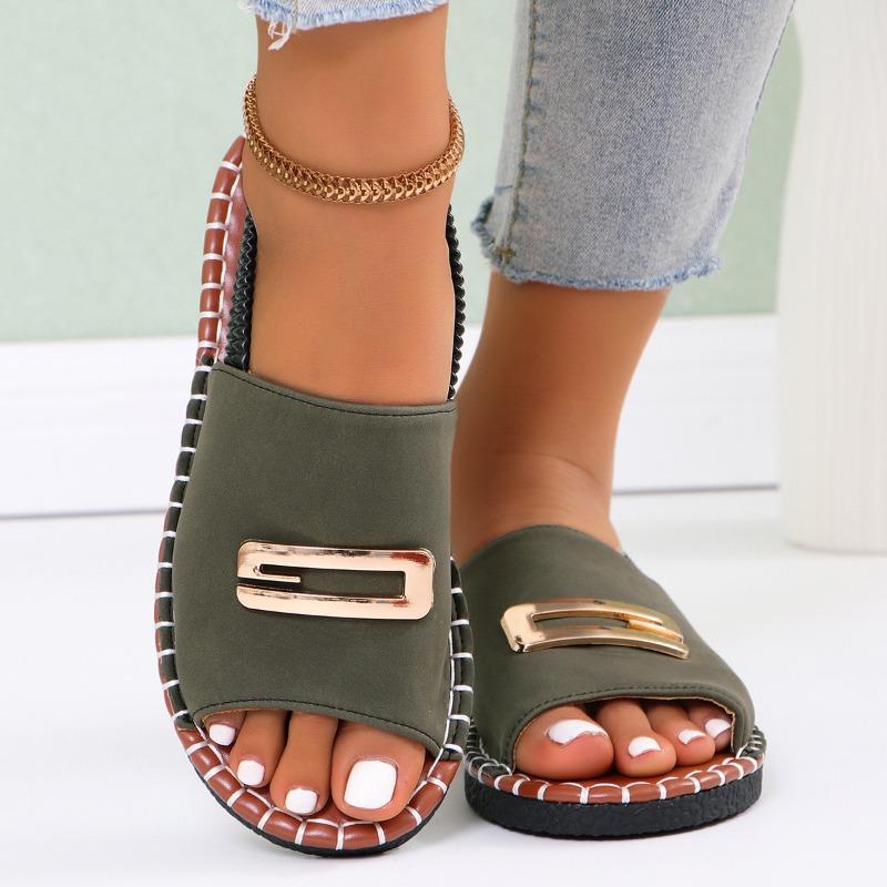 Women Flat Sandals Metal Decoration Women's Round Head Solid Colour Plus Size Shoes Handmade Lightweight Non-slip Beach Slippers