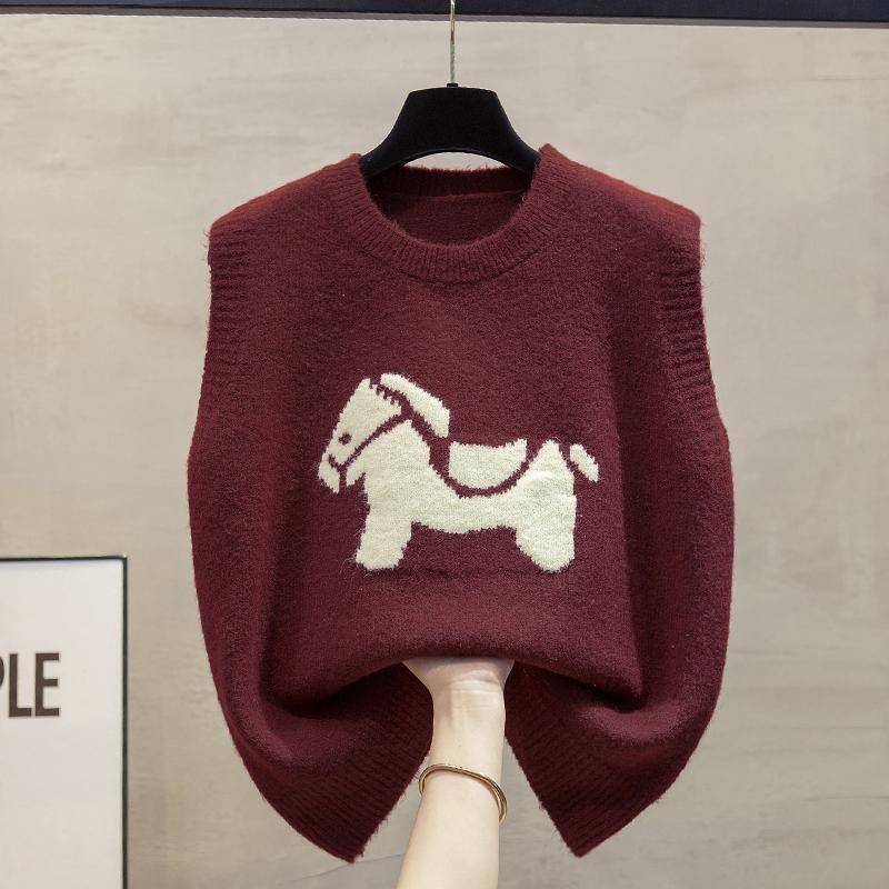 

Женский круглый вырез вязаный жилет пони вышитый свободный свитер майка вязаный жилет топ XL