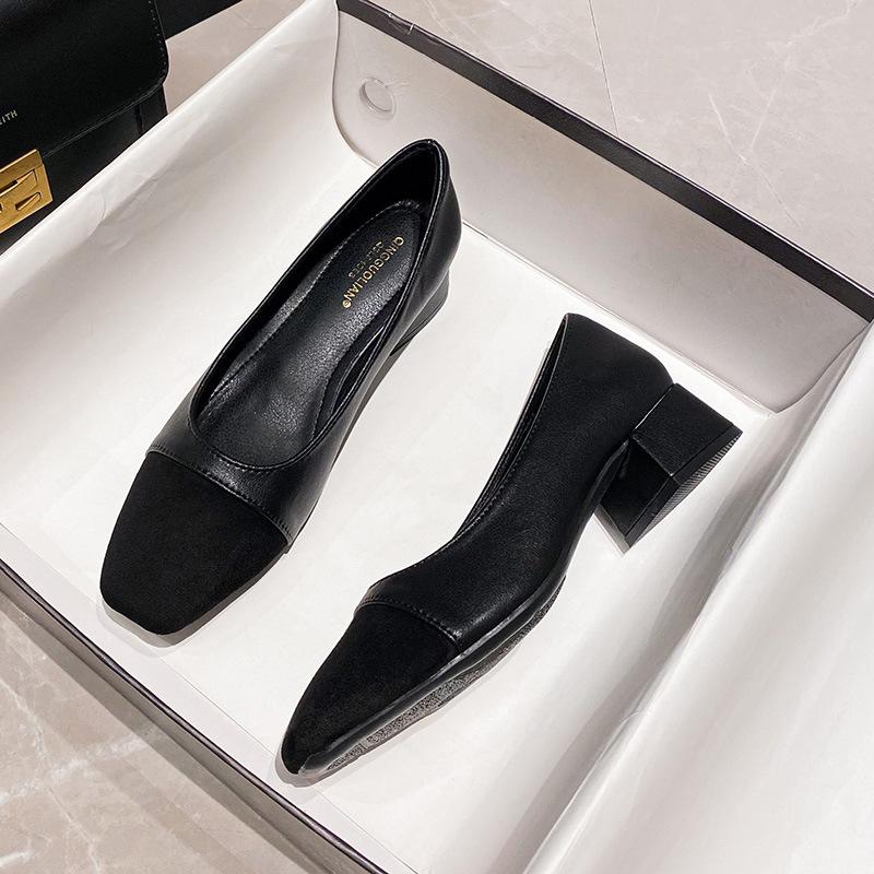 

Fashion 3cm Low Heels Luxury Pumps Women Mixed Color PU Leather Shoes Ladies Dress Slip On Square Toe Mary Janes Office Escarpins Femme 4.5 чёрный