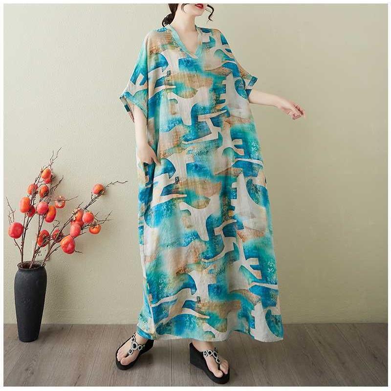Women's Vintage Long Dress with Cotton and Linen Patterns