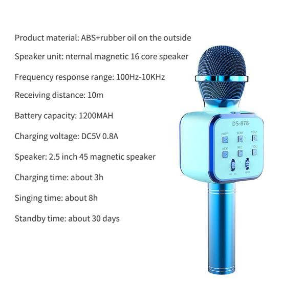 DS878 Wireless Microphone Five Sound Modes Support U Disk/TF Card Metal 4 In 1 Bluetooth-compatible Condenser Mic Music Player for Boys Girls