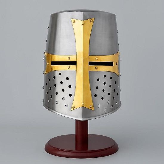 Crusader Helmet Replica  Full-Size Medieval Steel Helmet with Brass Cross  Great Helm Knight Armor With Display Stand