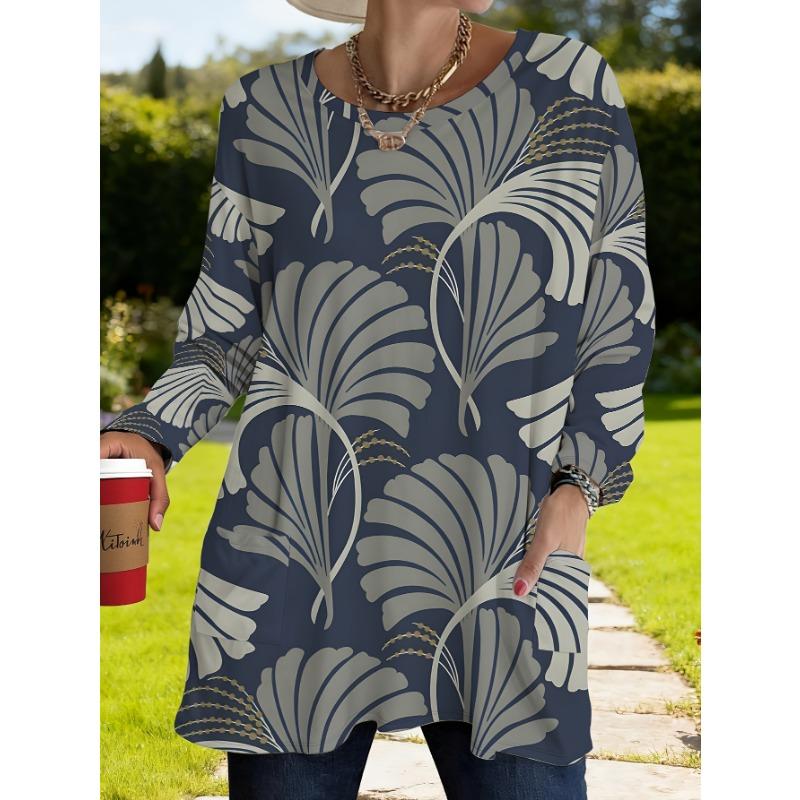 Women s Plus Size Retro Scalloped Print Loose Long Sleeve Top with Pockets S