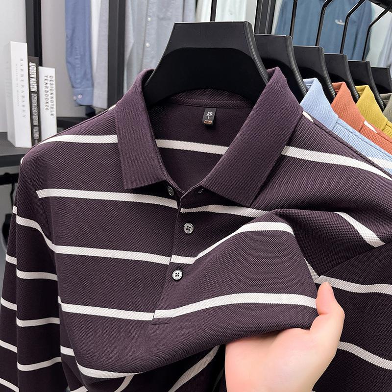 Long Sleeve T-Shirt Loose Fit Casual Lapel Collar Polo Shirt Striped M