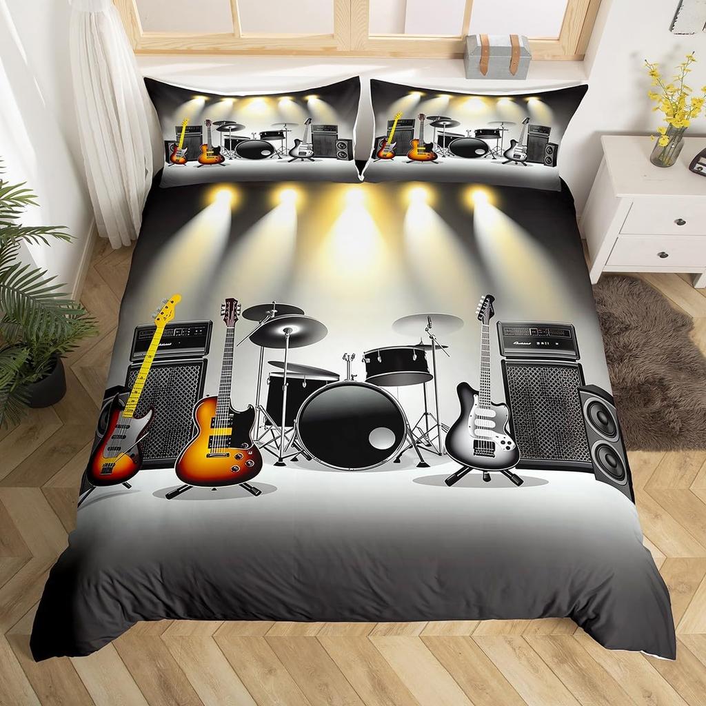 Comforter 3D Drum Kit Queen Microfiber Rock Music Theme Classic Musical Instrument Comforter Hip Hop Grunge Bedding Set