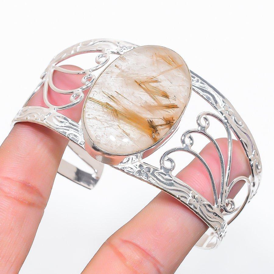 

Natural Golden Rutile Gemstone 925 Sterling Silver Cuff Bangle Adjustable r9z69