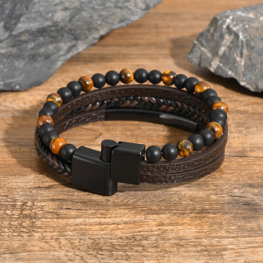 Xiaomi Vnox Black PU Leather Bracelets with Tiger Eyes Beads, Stainless Steel Bangle Wristband, Gift to Dad Husband Boyfriend
