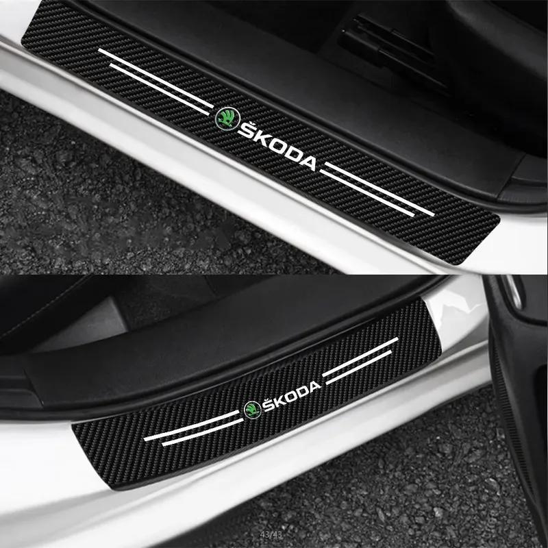4Pcs New Leather Carbon Fiber Car Door Sill Threshold Protector Stickers For Skoda Octavia A5 A7 Rapid Fabia Superb Kodiaq Scala