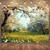 2D Flat Printing Spring Cherry Blossom Tapestry, Blooming Trees and Wildflower Meadow Wall Decor