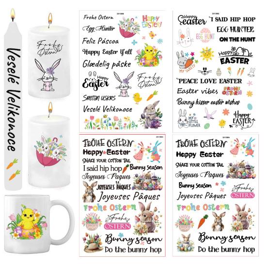 Fröhliche Ostern-Kerzenaufkleber, Hase, buntes Ei, Karotte, Buchstabe Tee, zylindrische Kerze, Osterfest-Dekorationsaufkleber