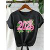 Women Black White Grey T-Shirt Pink Floral Numbers Print Round Neck Stretchy Soft All-Season Casual Trendy 2026 New Year Valentine Gift Top