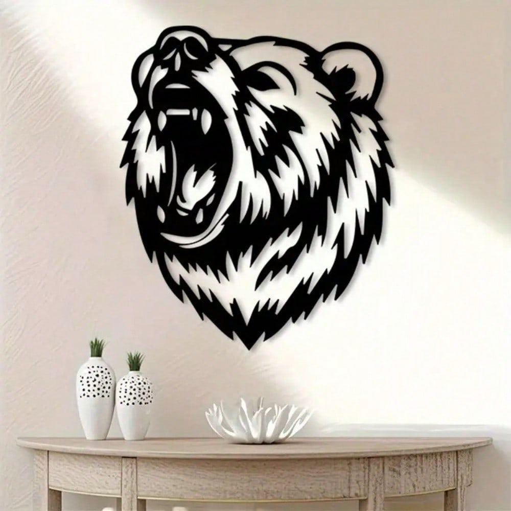 Roaring Bear Metal Wall Art, Rust-Proof Iron Black & White Wild Animal Decor for Indoor Outdoor Cabin